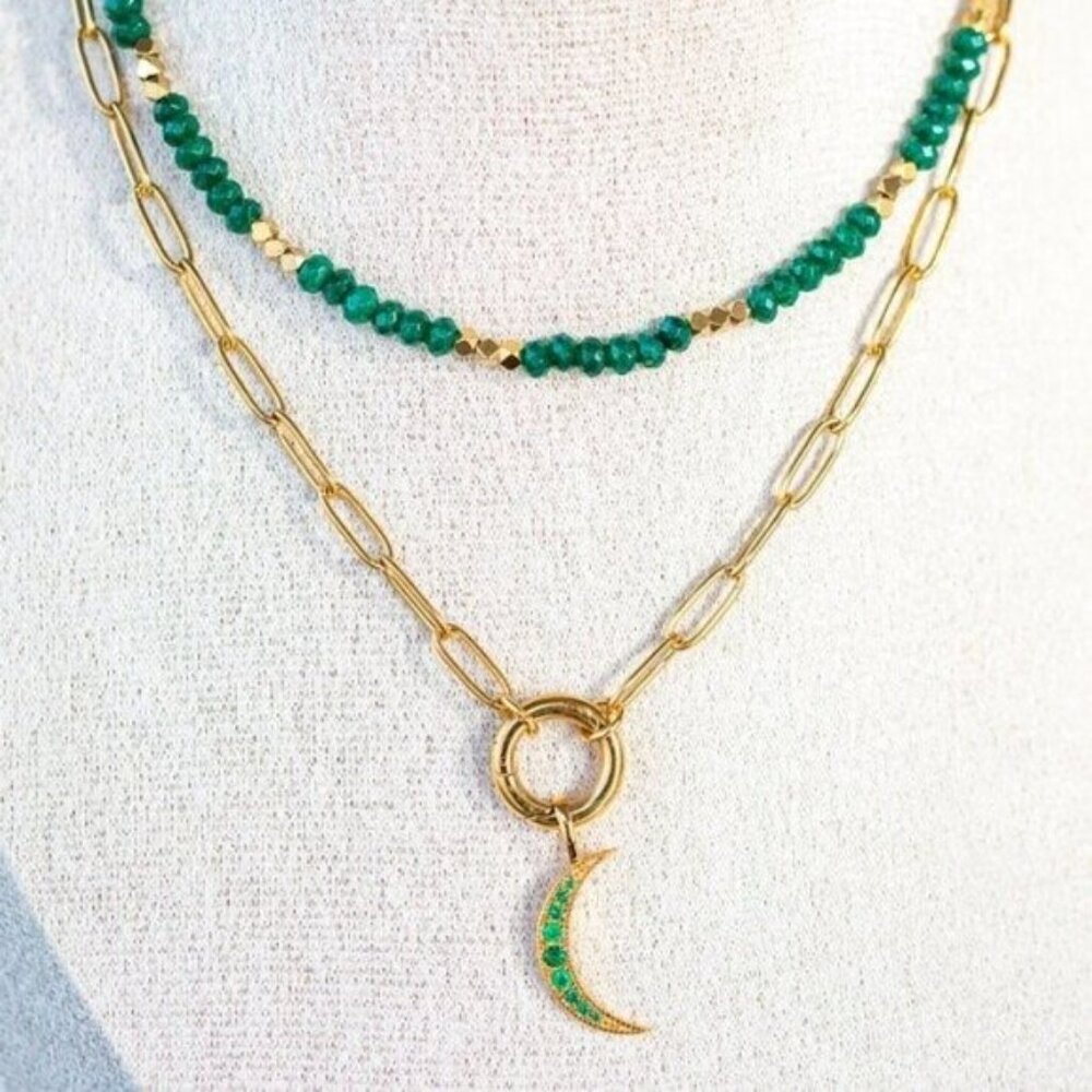 BUNDLE Gorgeous Green Beaded Necklace & Moon Pendant Waterproof Non-tarnish Gold